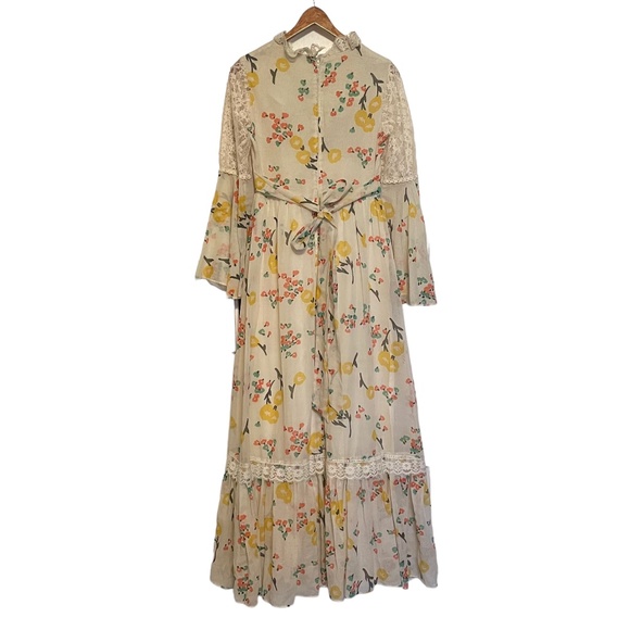 Vintage 70's Empire Waist Bell Sleeve Hippie Boho Lace Floral Prairie Maxi Dress - Picture 6 of 13